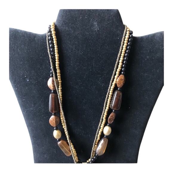 Retro Gold Bead Brown And Black Animal Print Drop Three Strand Necklace - Picture 10 of 11